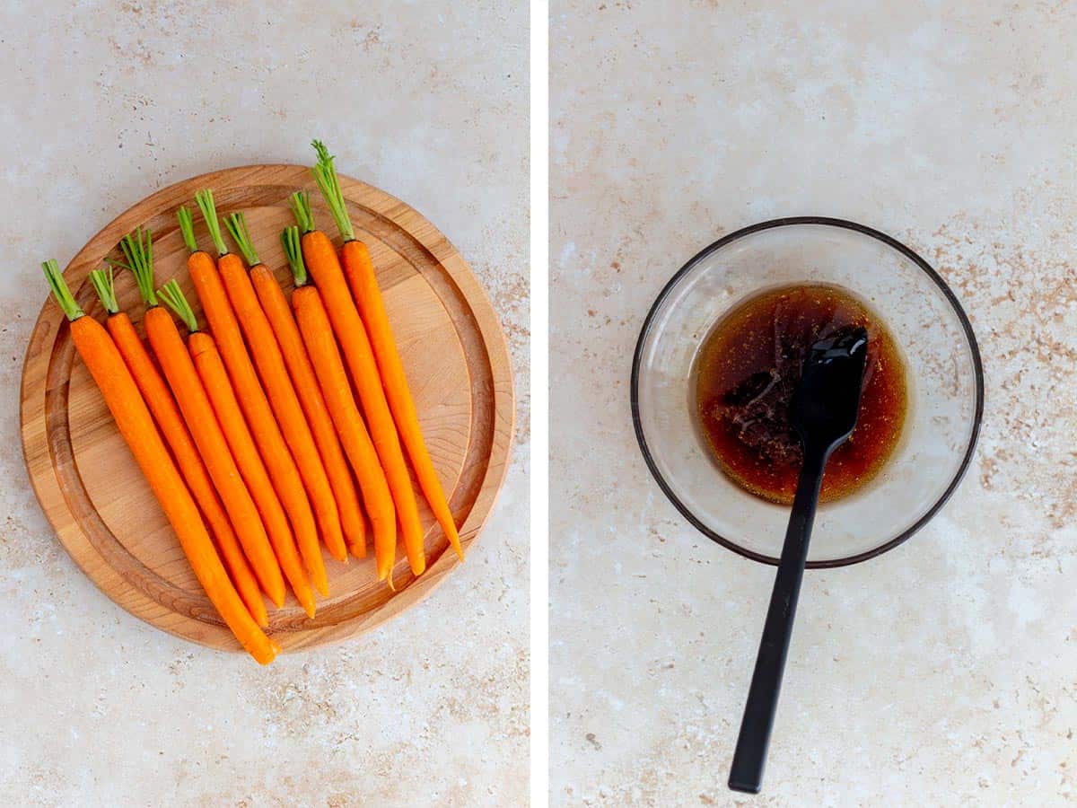 Set of two photos showing carrots peeled and maple mixture combined.