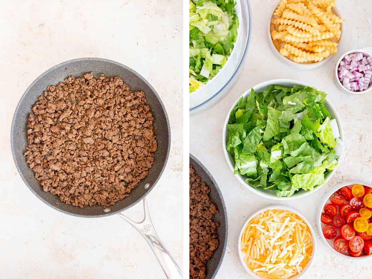 Set of two photos showing ground beef cooked in a skillet and lettuce added to a bowl.