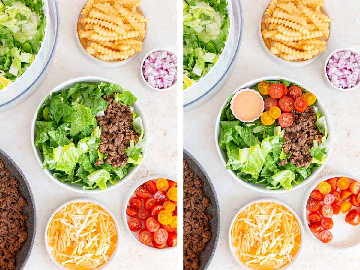 Set of two photos showing ground beef, cut grape tomatoes, and a bowl of special sauce added to the bowl.