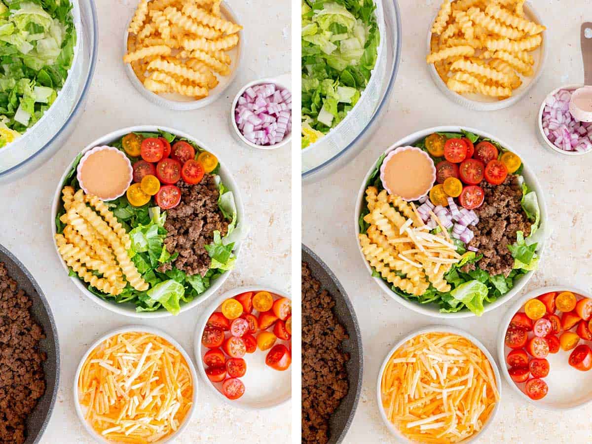 Set of two photos showing fries, red onions, and shredded cheese added to the bowl.