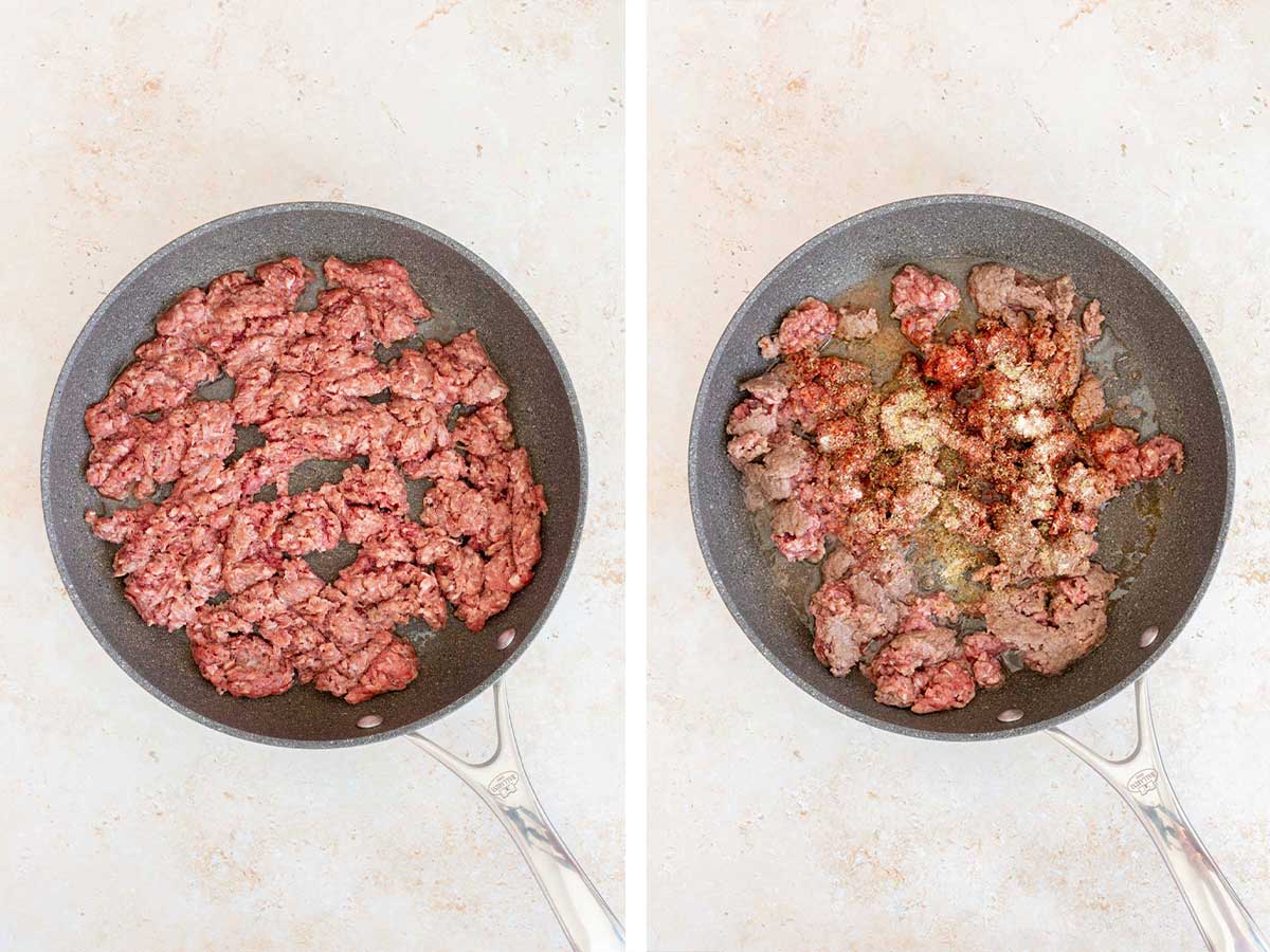 Set of two photos showing ground beef cooked in a skillet and seasoning added.