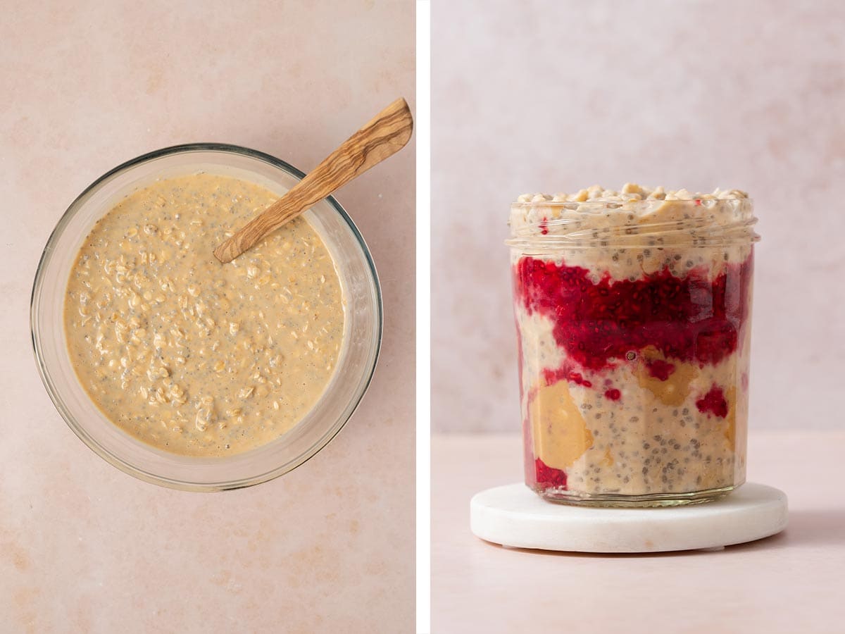 Set of two photos showing the mixture stirred and added to a jar after it set in the fridge.