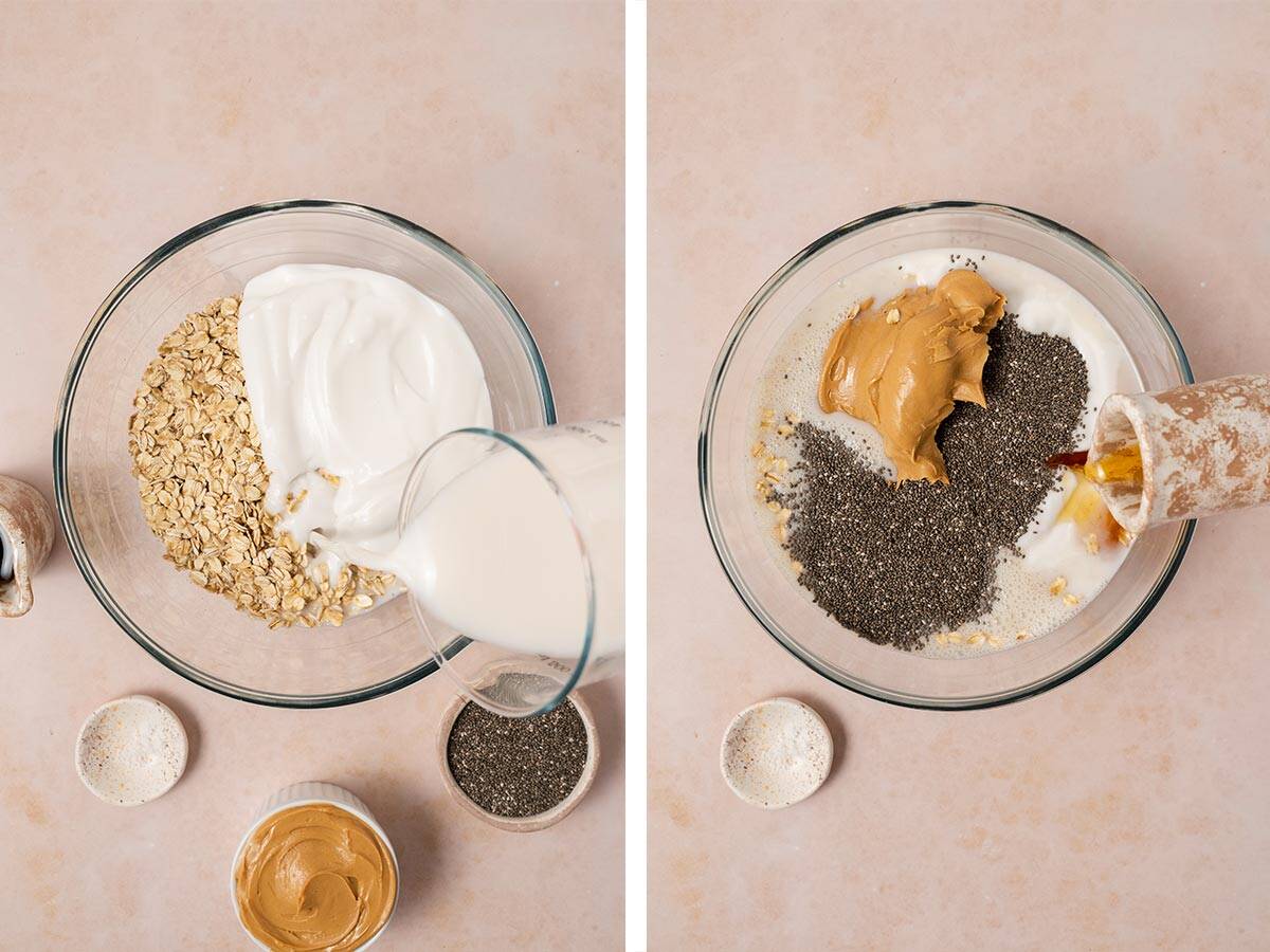 Set of two photos showing milk added to a bowl of rolled oats and yogurt and then peanut butter and maple syrup added.