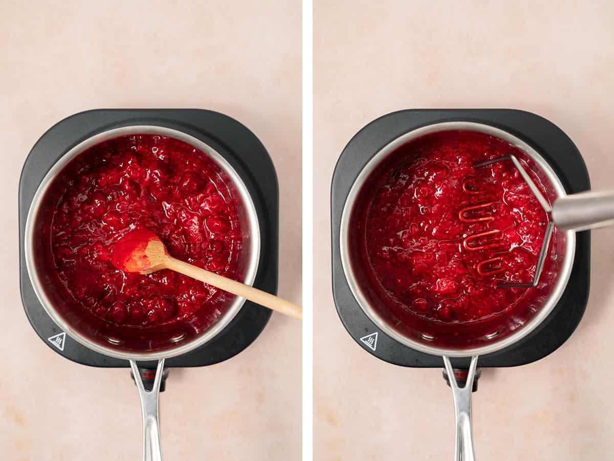 Set of two photos showing berries cooked down and mashed with a potato masher.