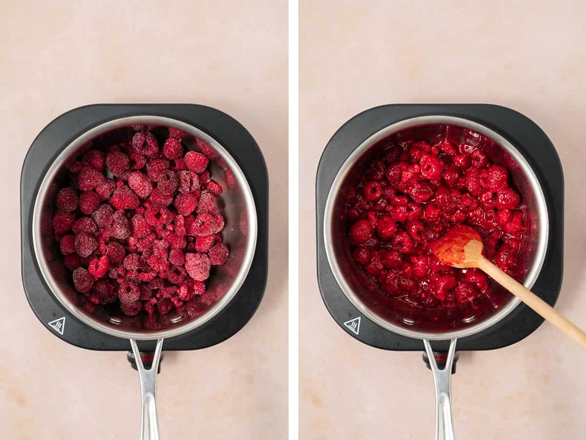 Set of two photos showing frozen raspberries added to a saucepan and cooked down.