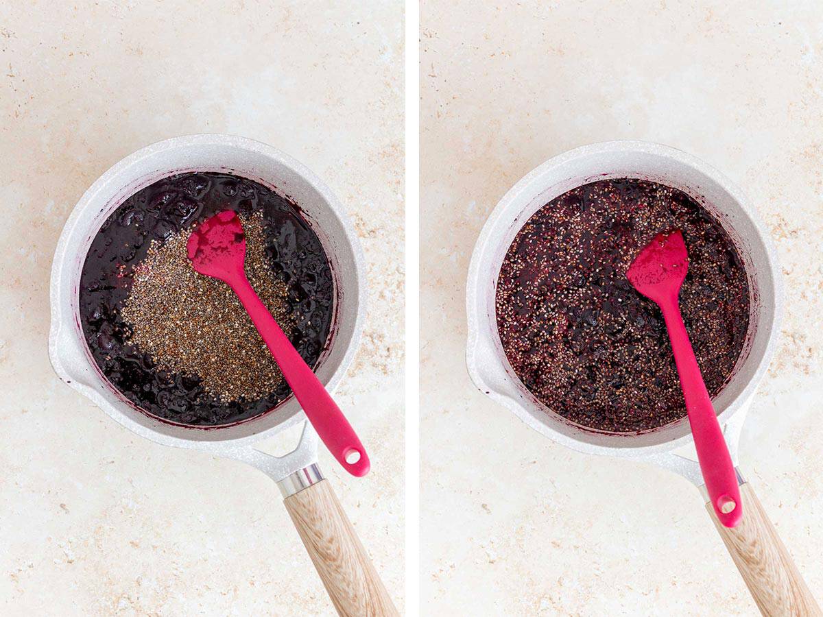 Set of two photos showing chia seeds added to the blueberries in a saucepan and stirred together.
