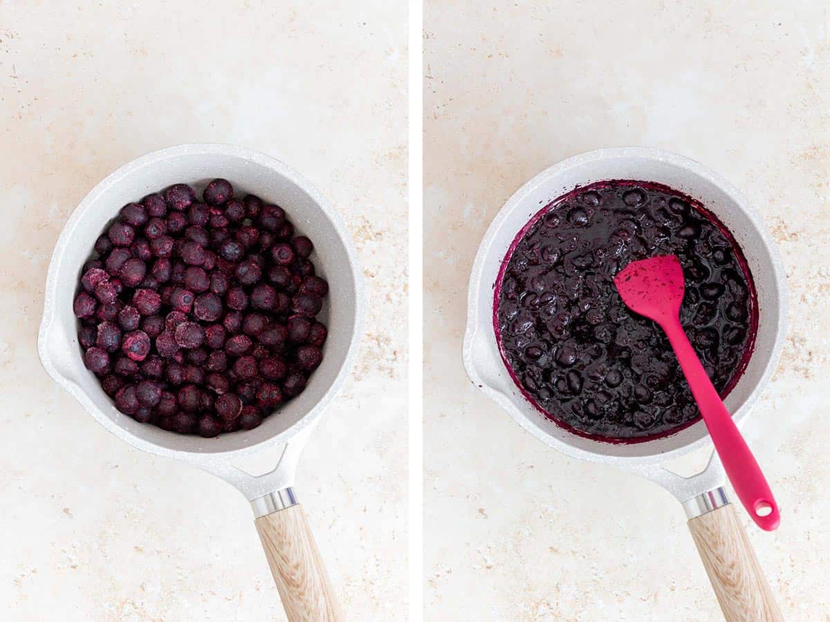 Set of two photos showing frozen blueberries cooked down in a saucepan.