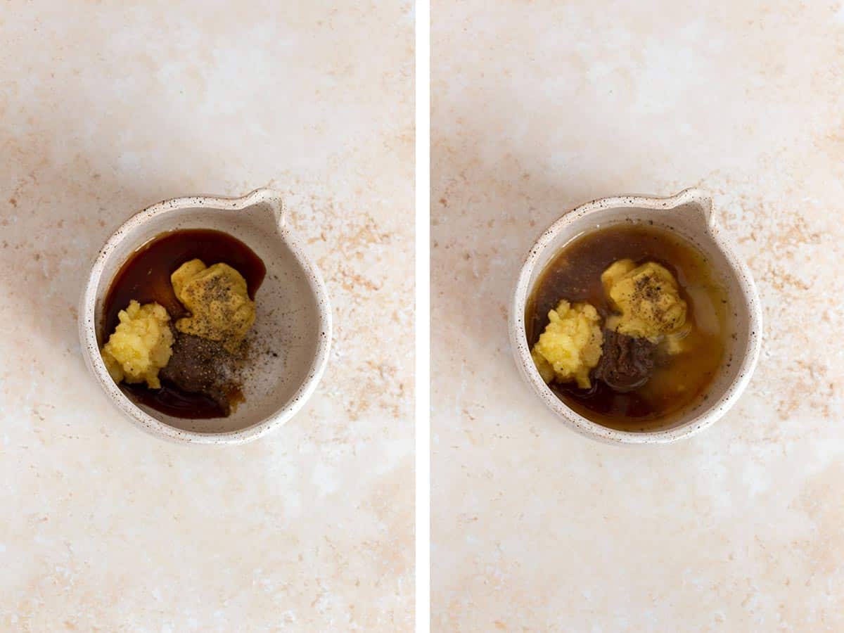 Set of two photos showing Dijon mustard, grated garlic, salt, pepper, Worcestershire sauce, anchovy paste, and lemon juice added to a bowl.