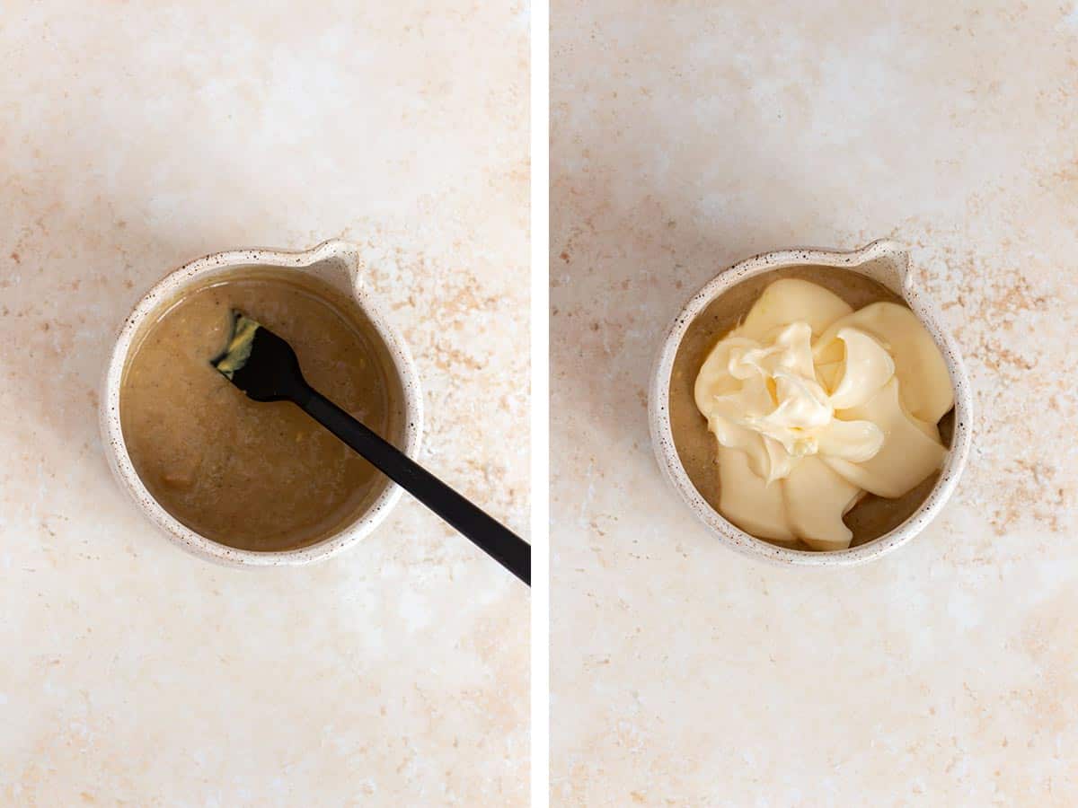 Set of two photos showing the mixture stirred and then mayo added.