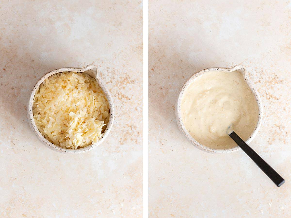 Set of two photos showing grated parmesan added to the mixture and stirred to combine.
