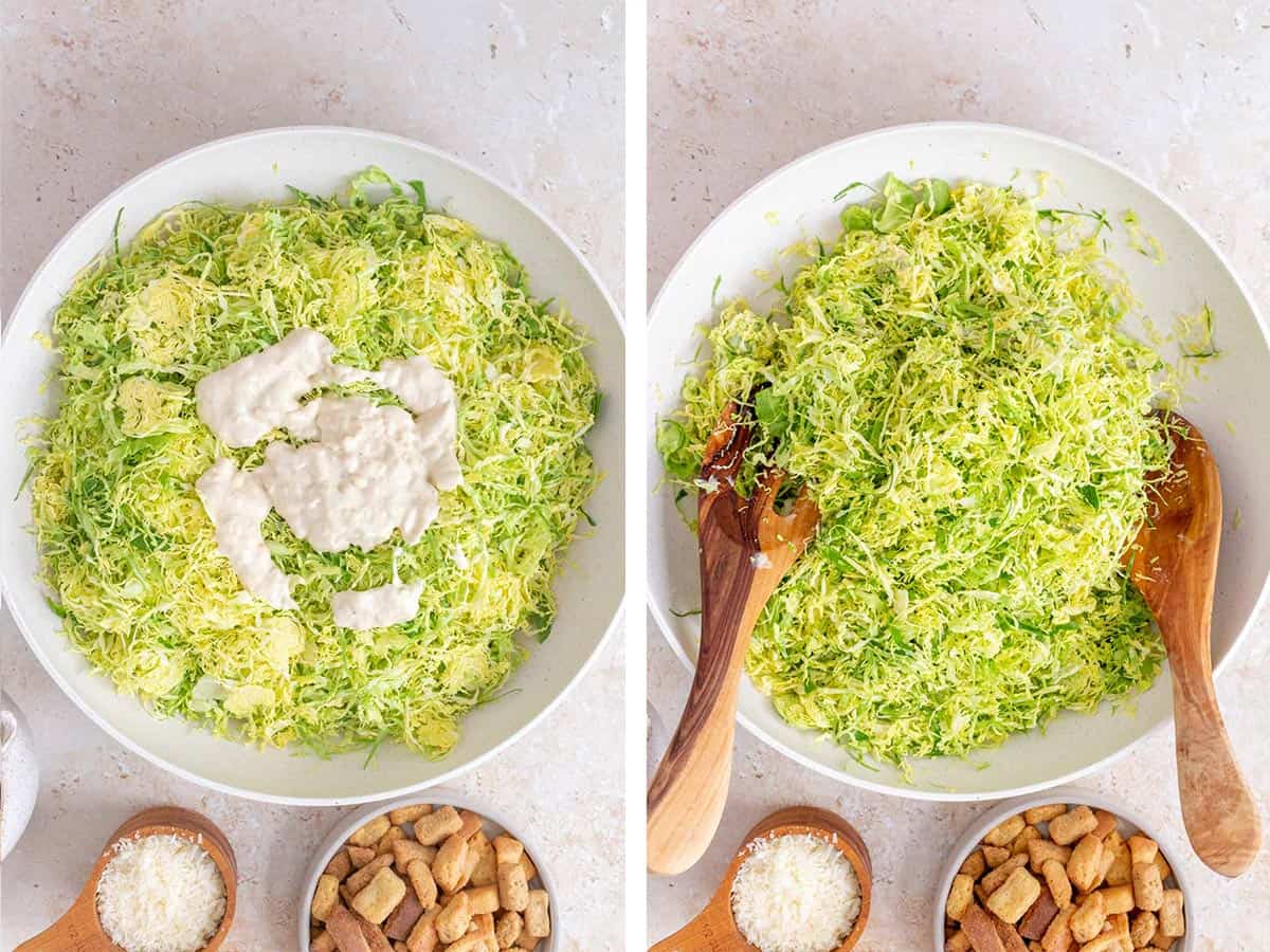 Set of two photos showing caesar dressing added to the greens and tossed to combine.