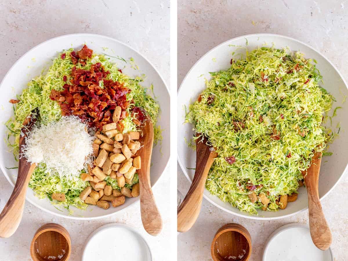 Set of two photos showing bacon, parmesan cheese, and croutons added to the brussels sprouts and tossed to combine.