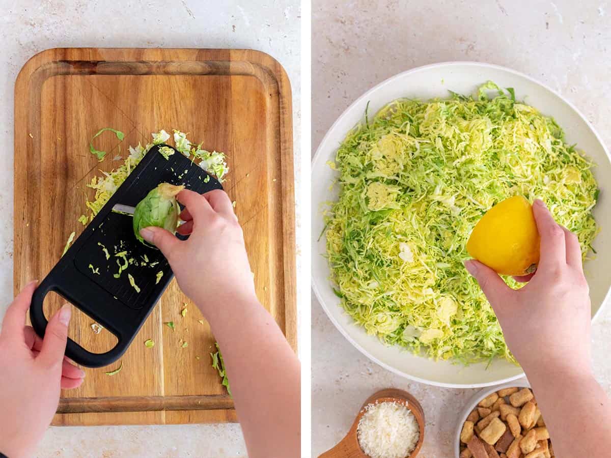 Set of two photos showing brussels sprouts shaved on a mandolin and lemon squeezed over the shaved brussels sprouts.