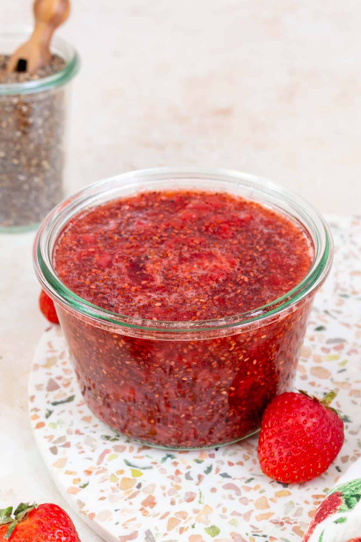 A jar of homemade strawberry chia jam.