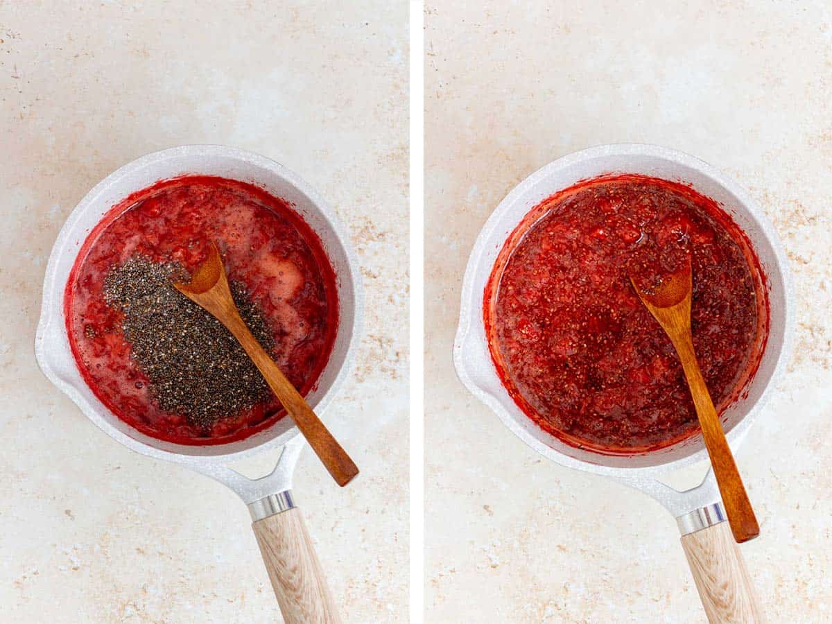 Set of two photos showing lemon juice and chia seeds added to the cooked strawberries and stirred to combine.