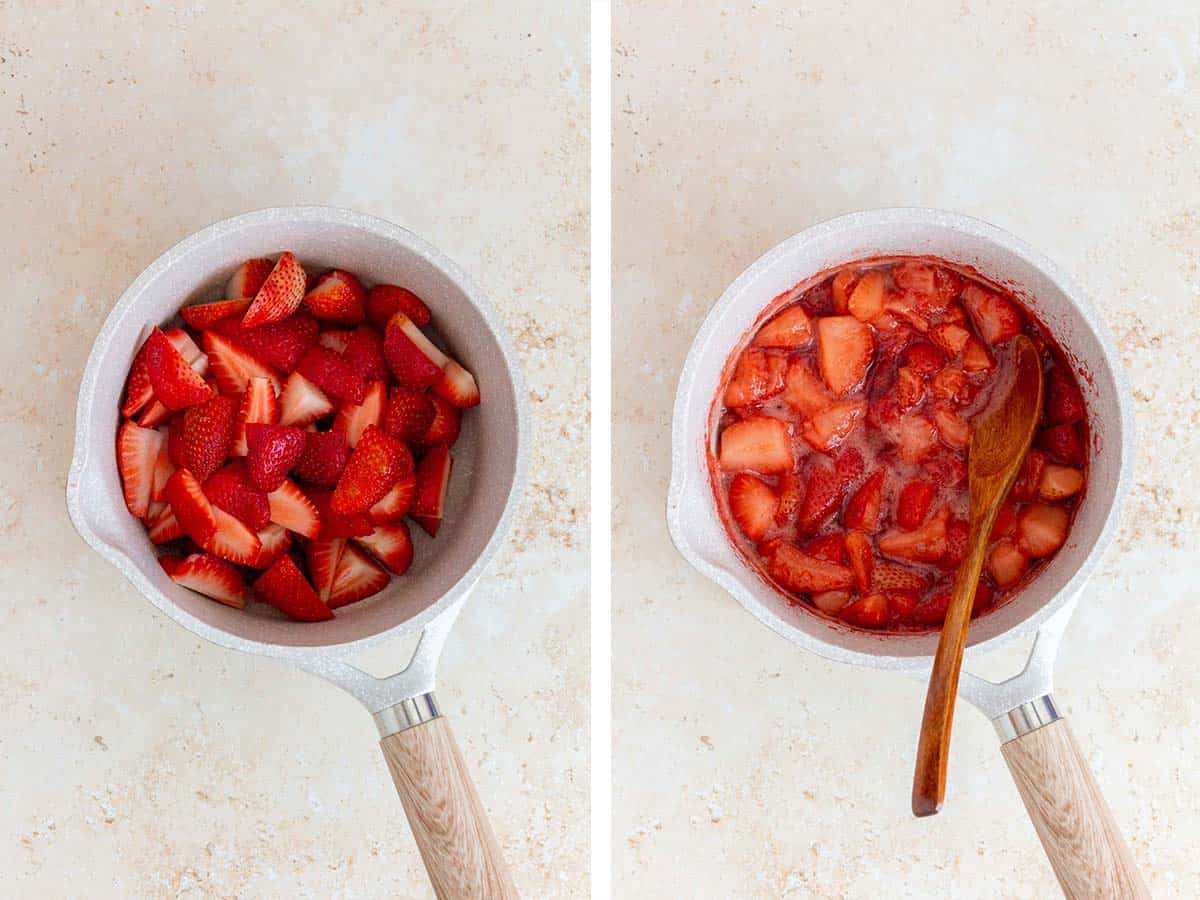 Set of two photos showing strawberries added to a saucepan and cooked down.