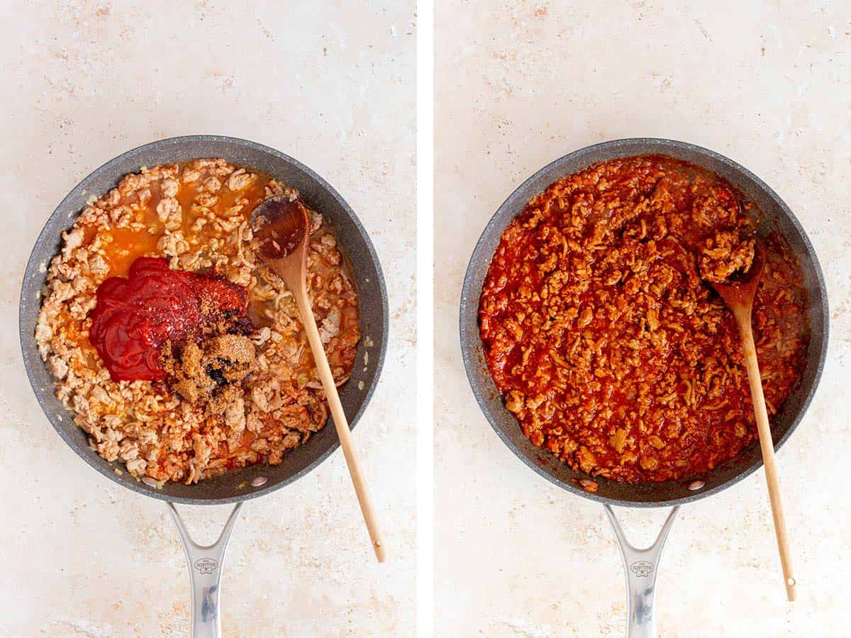 Set of two photos showing ketchup, broth, and brown sugar added to the skillet and the ground turkey cooked.