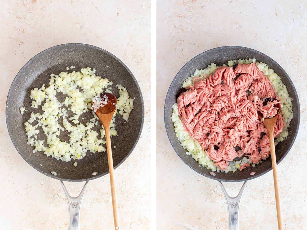 Set of two photos showing onions cooked in a skillet and ground turkey added.