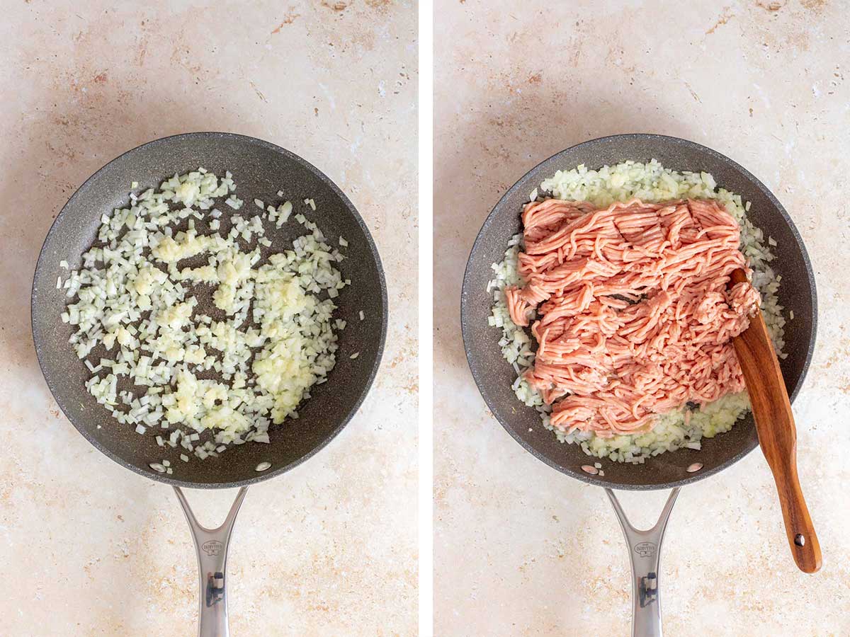 Set of two photos showing onions cooked in a skillet and ground chicken added.