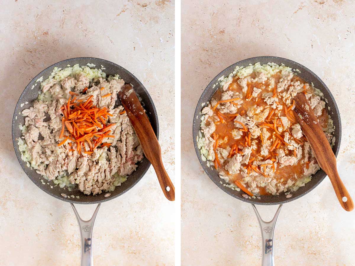 Set of two photos showing shredded carrots and sauce added to the skillet.