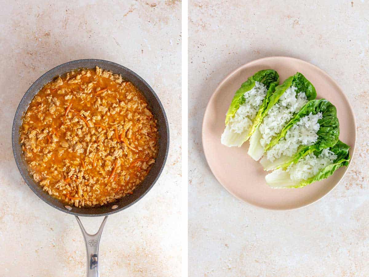 Set of two photos showing sauce cooked down in the skillet with the ground chicken and rice added to lettuce leaves.