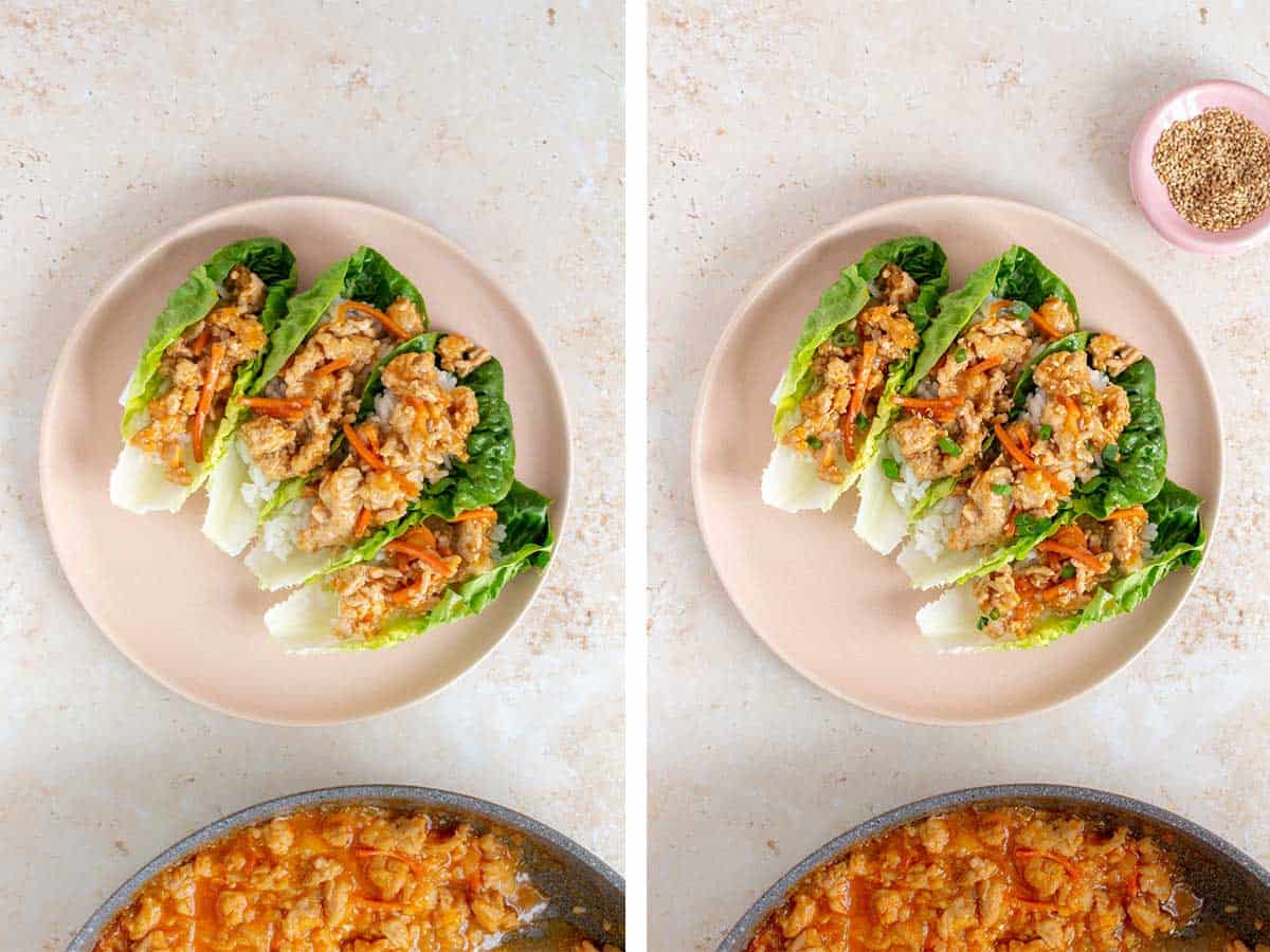 Set of two photos showing spicy ground orange chicken added in the lettuce wraps and topped with green onions and sesame seeds.