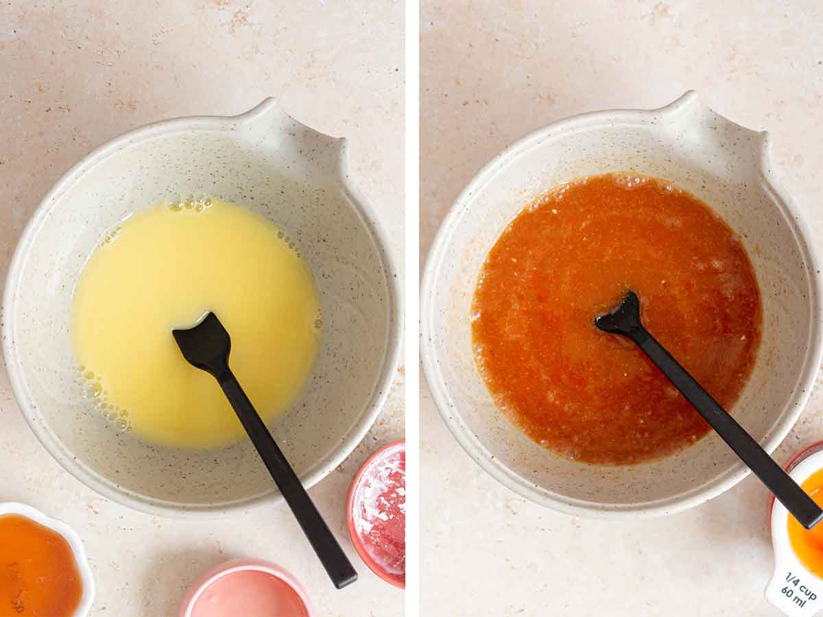 Set of two photos showing sauce mixed tohether in a bowl.