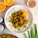A volcano chicken bowl with rice topped with green onions and sesame seeds and orange slices.