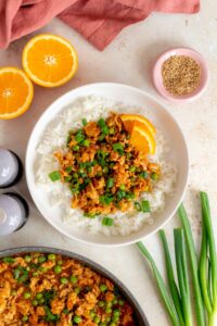 A volcano chicken bowl with rice topped with green onions and sesame seeds and orange slices.