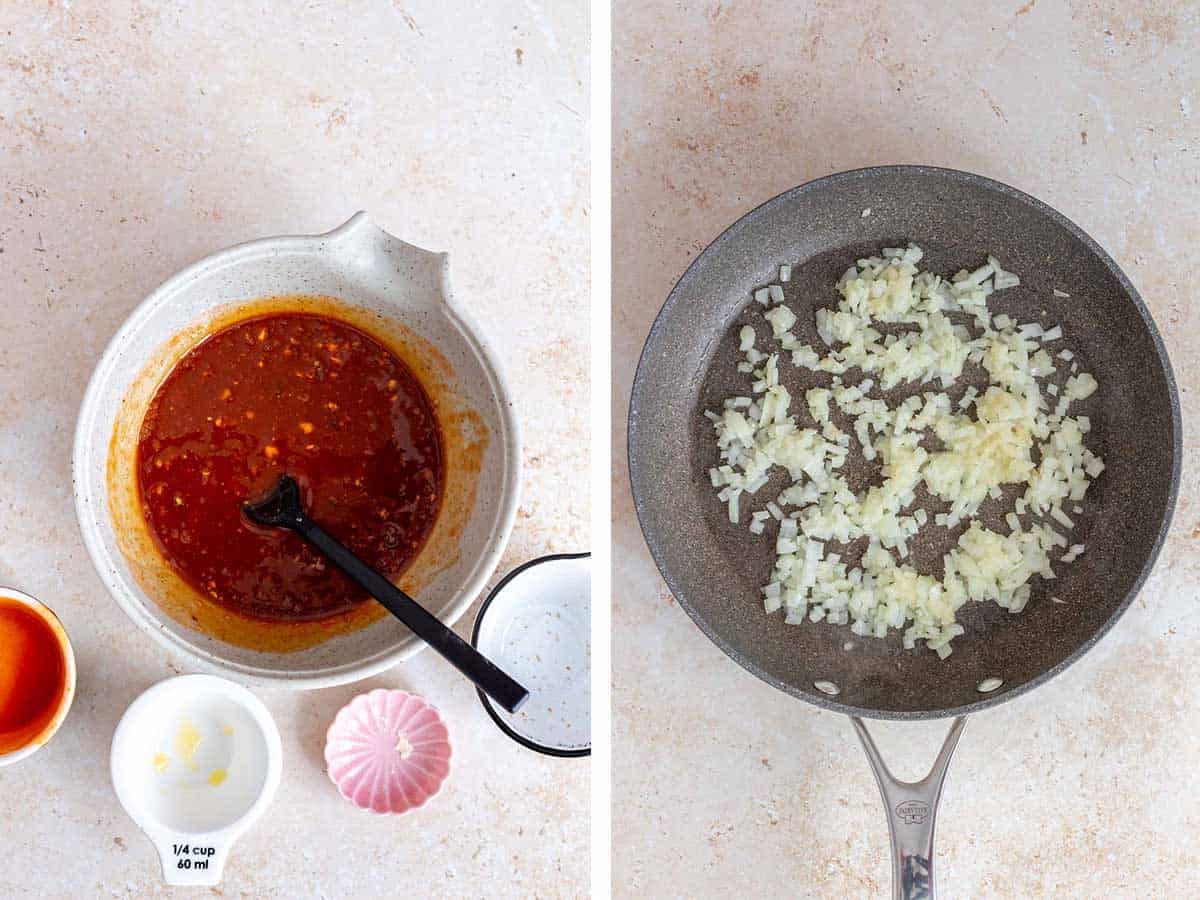 Set of two photos showing sauce mixed and onions cooked in a skillet.