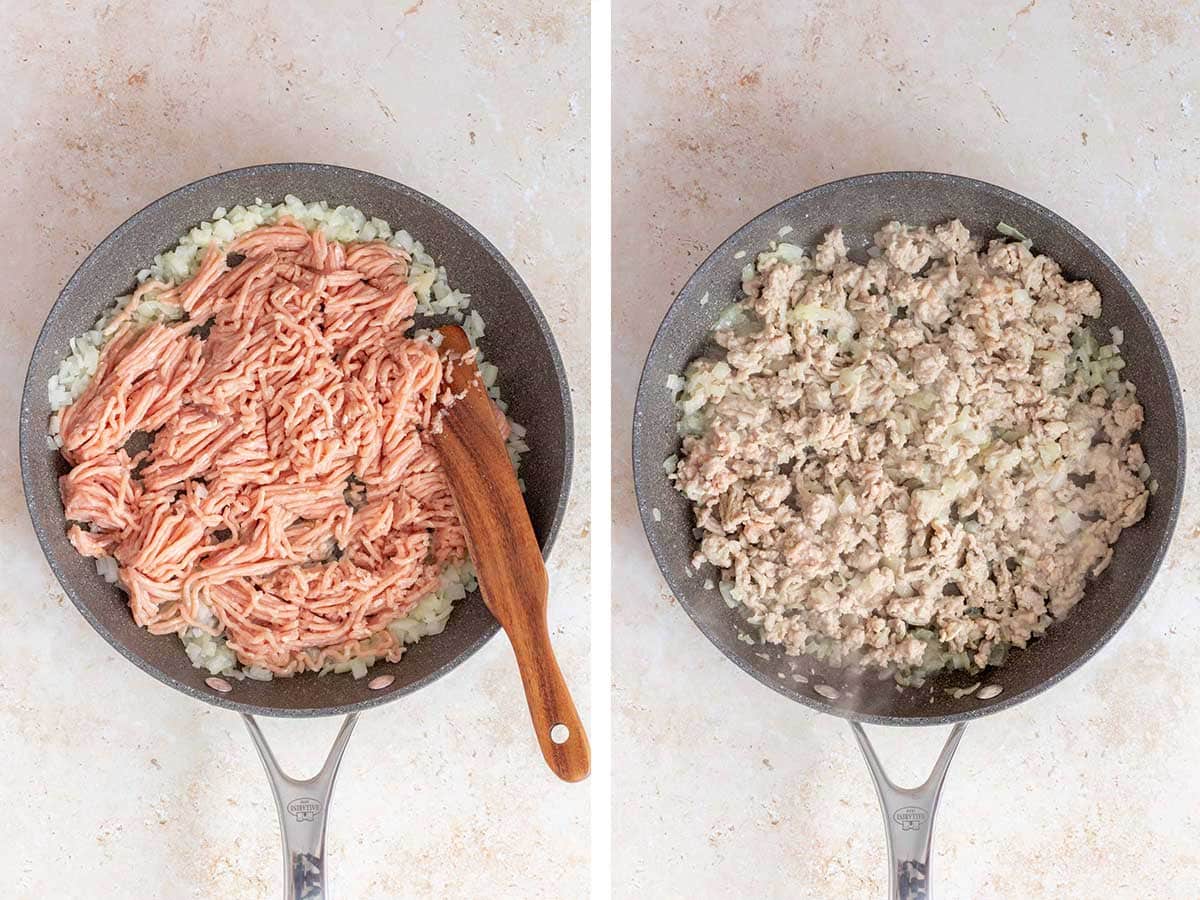 Set of two photos showing ground chicken added to the skillet and cooked.