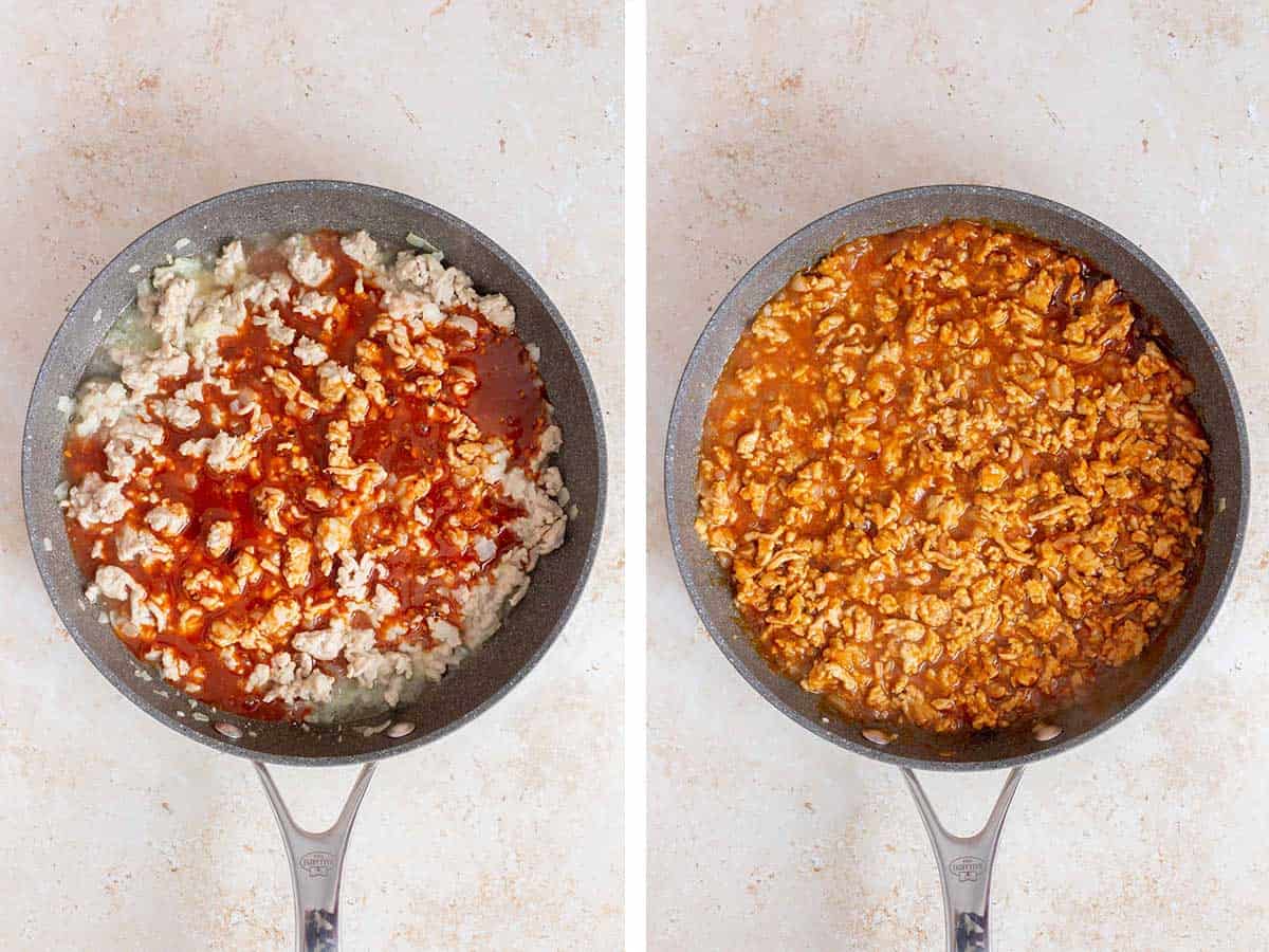 Set of two photos showing sauce added to the skillet and combined.