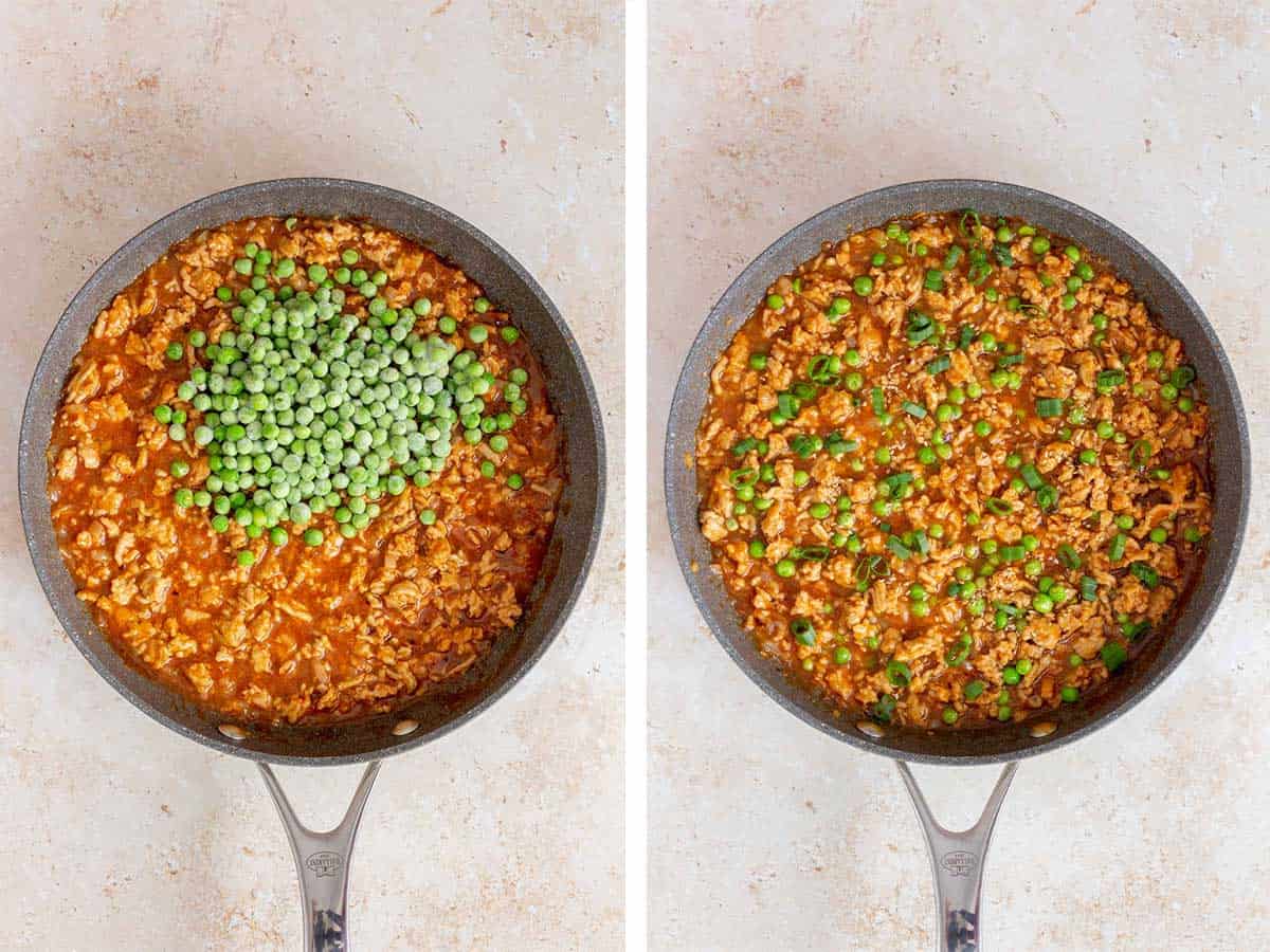 Set of two photos showing frozen peas added to the skillet then garnished with sesame seeds and green onions.