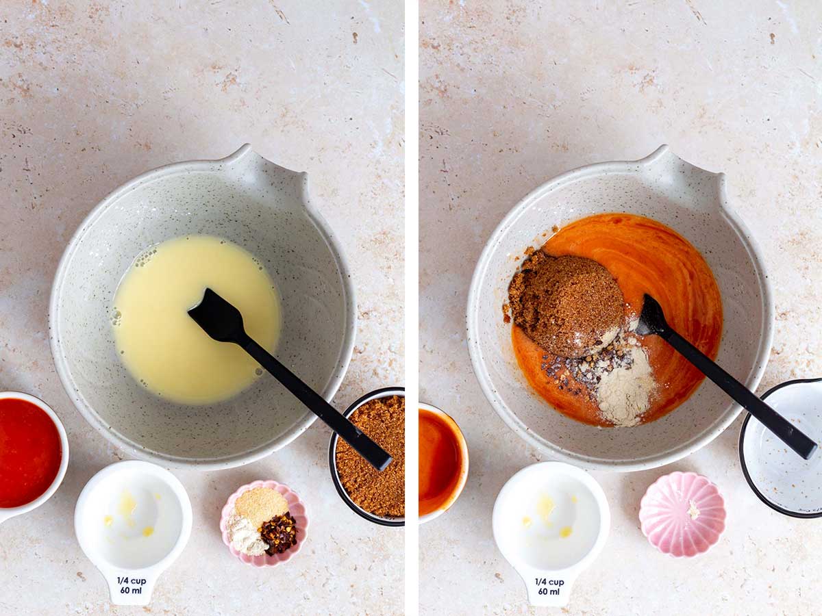 Set of two photos showing sauce ingredients added to a mixing bowl.