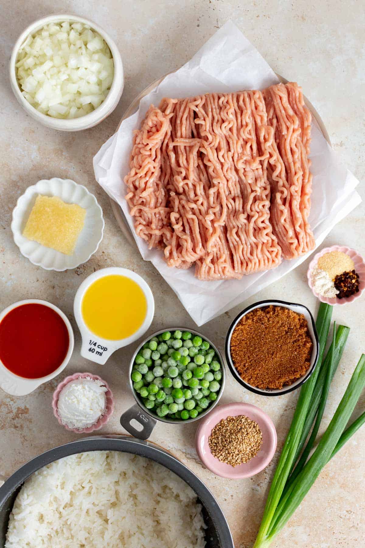 Ingredients needed to make volcano chicken bowls.