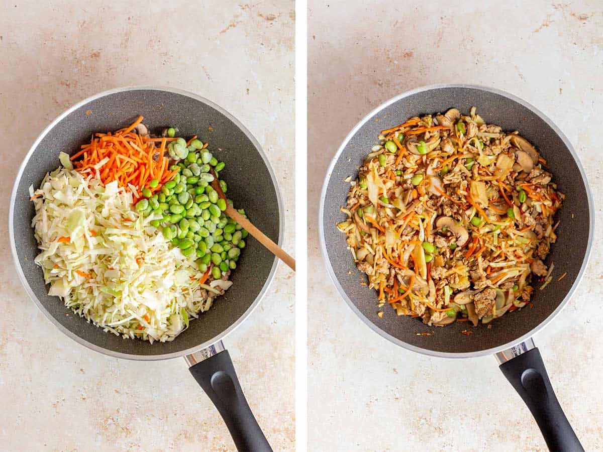 Set of two photos showing vegetables added to the skillet and tossed to combine.
