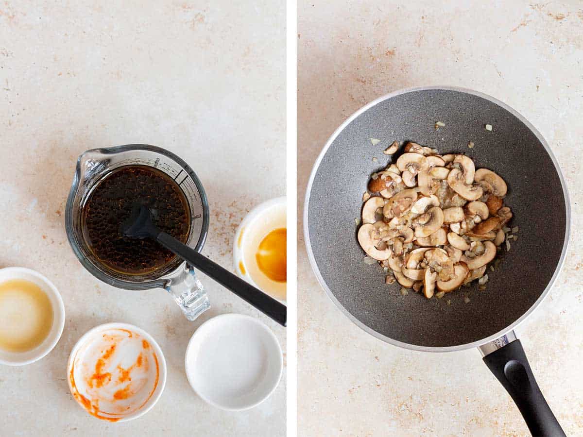 Set of two photos showing sauce mixed in a measuring cup and mushrooms and onions cooked in a skillet.