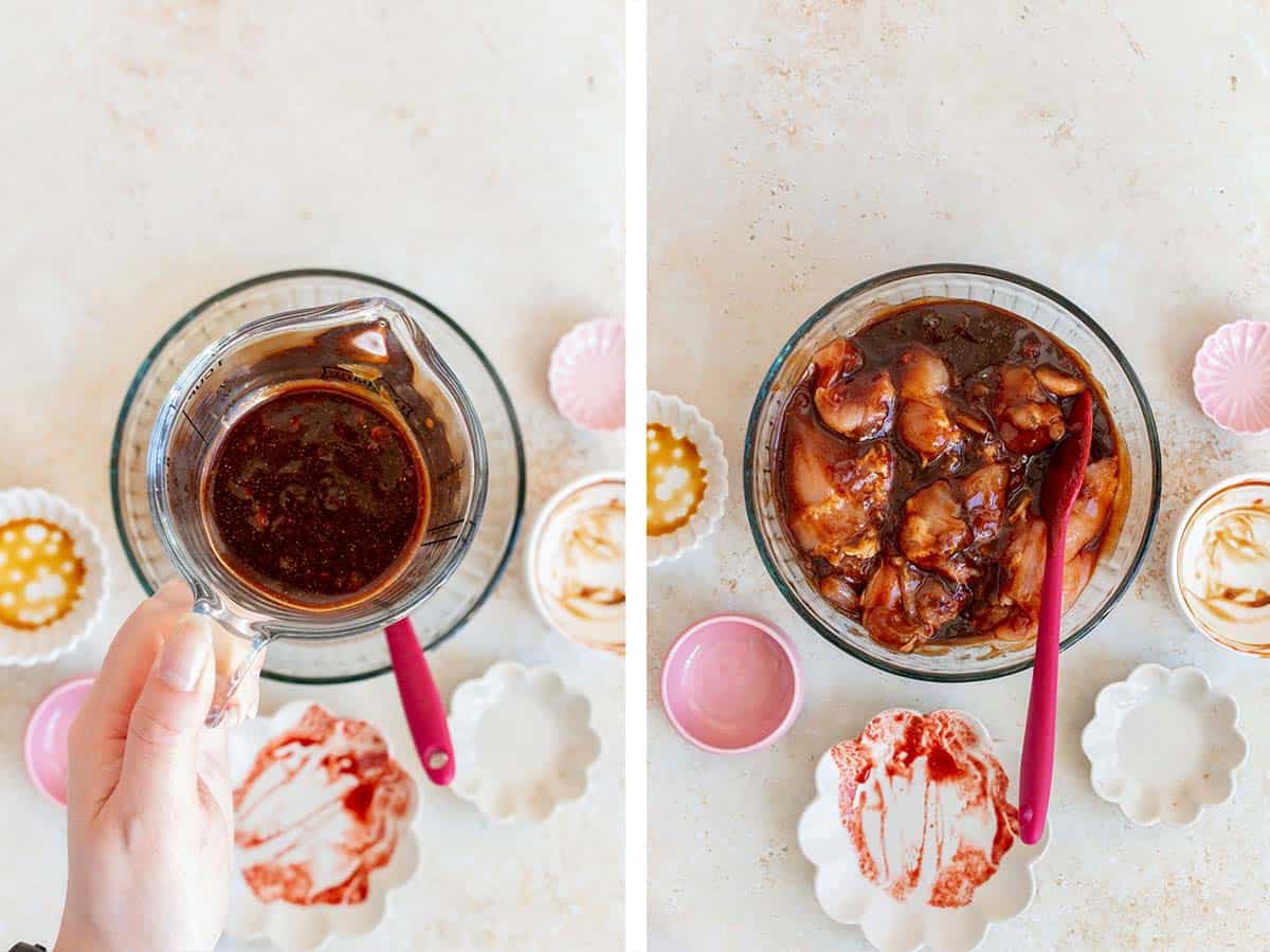 Set of two photos showing some sauce separated and set aside before the chicken is added.