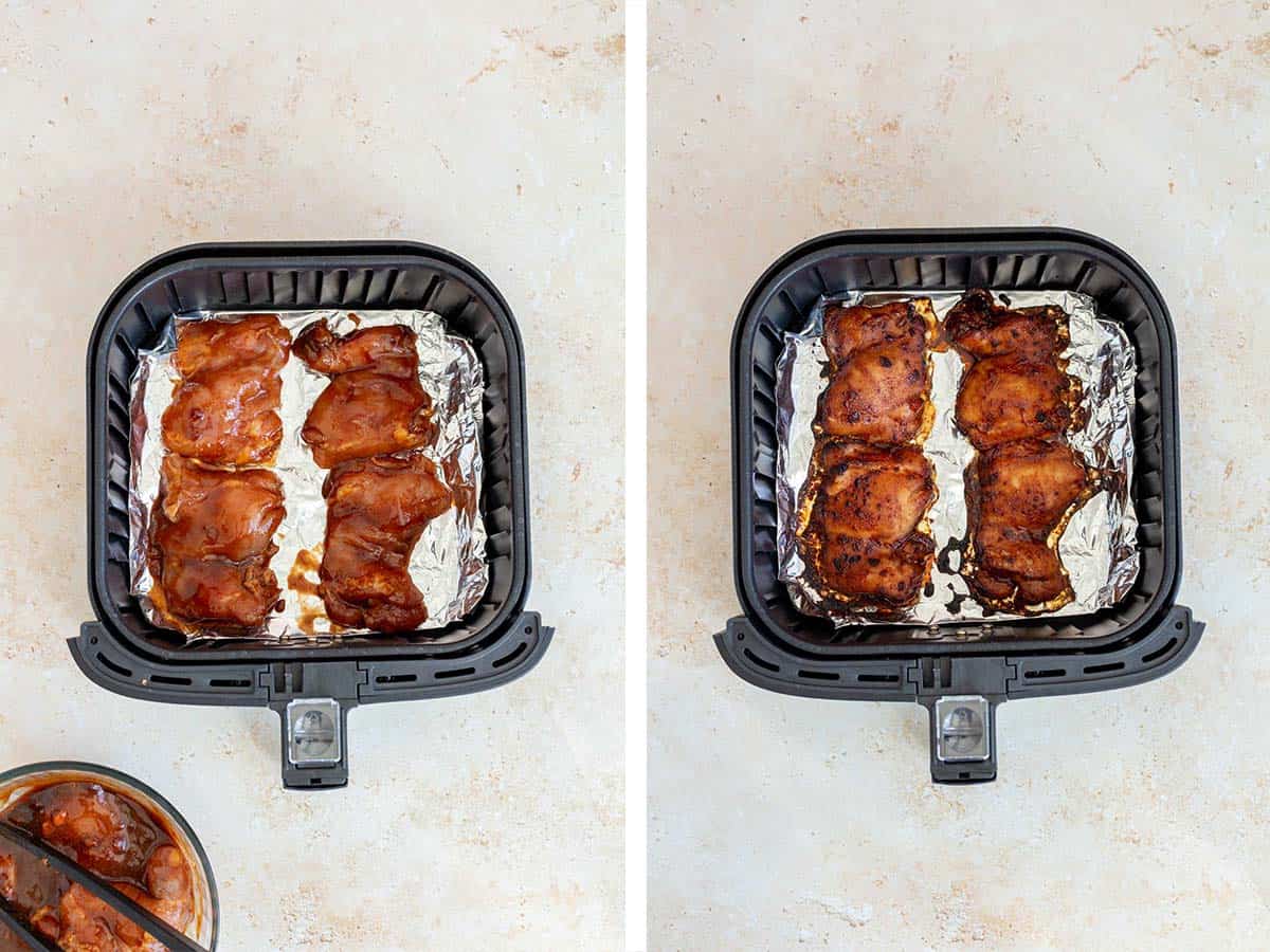 Set of two photos showing marinated chicken added to a lined air fryer basket and air fried.