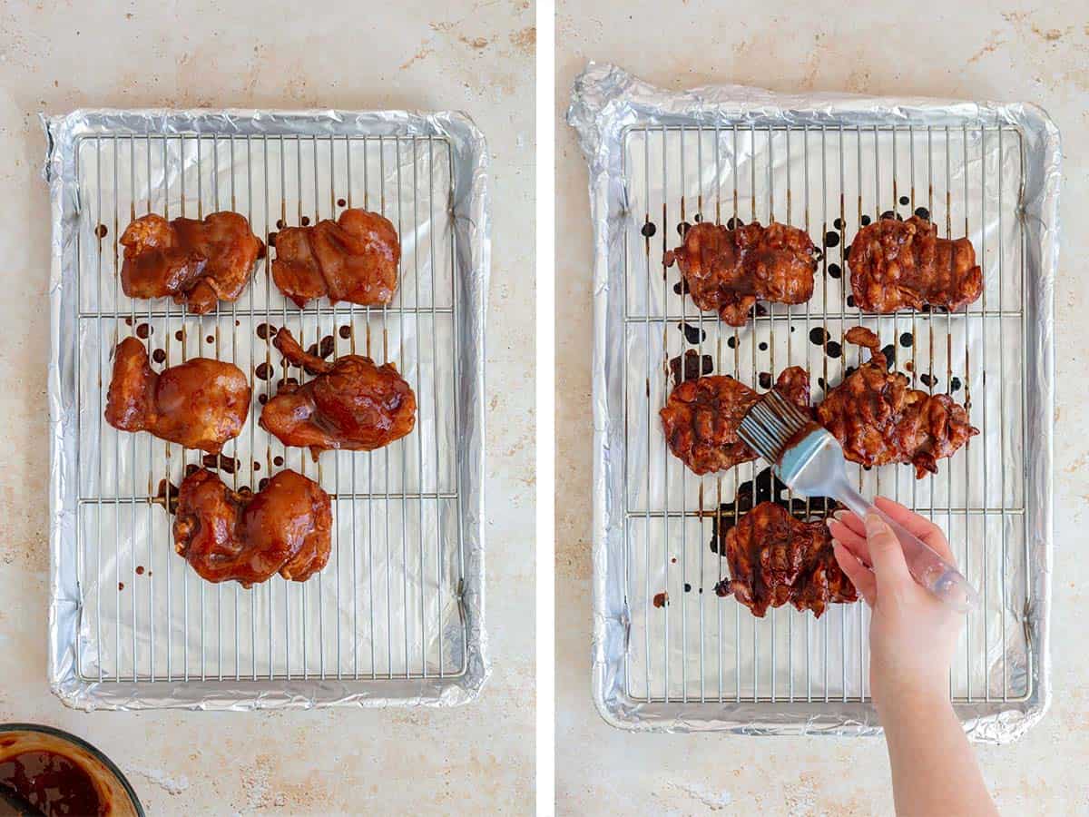 Set of two photos showing chicken pulled out of the oven and then flipped and brushed with sauce.