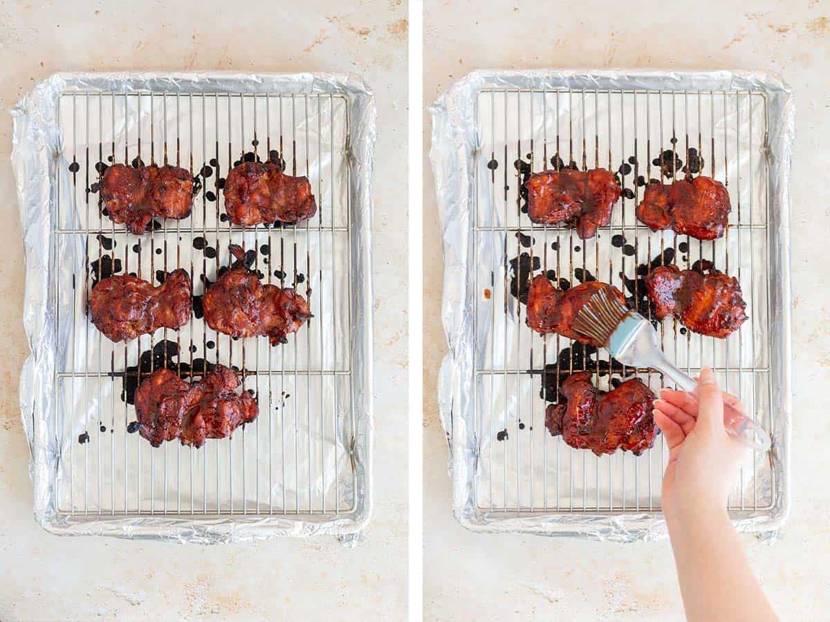 Set of two photos showing baked chicken on a rack and flipped then brushed again.