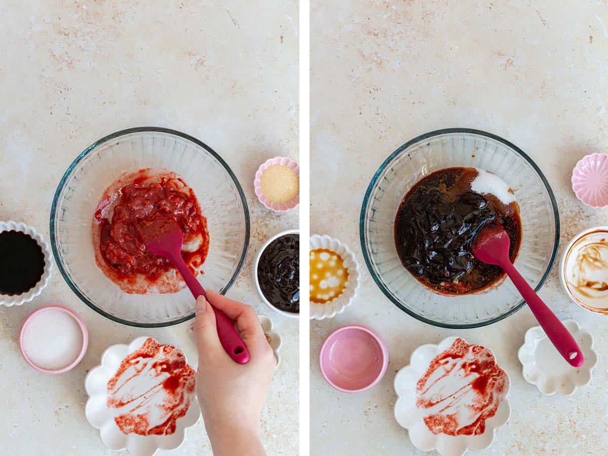 Set of two photos showing sauce mixed in a bowl.