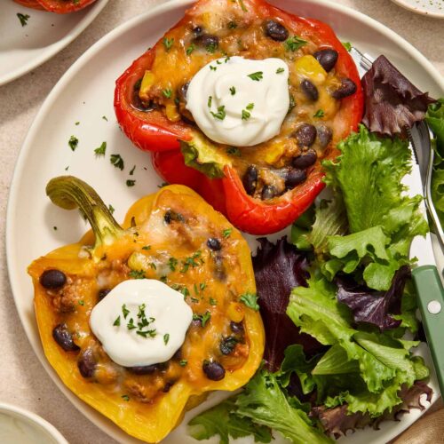 A plate with two taco stuffed peppers with extra veggies topped with sour cream on a plate along with some salad.