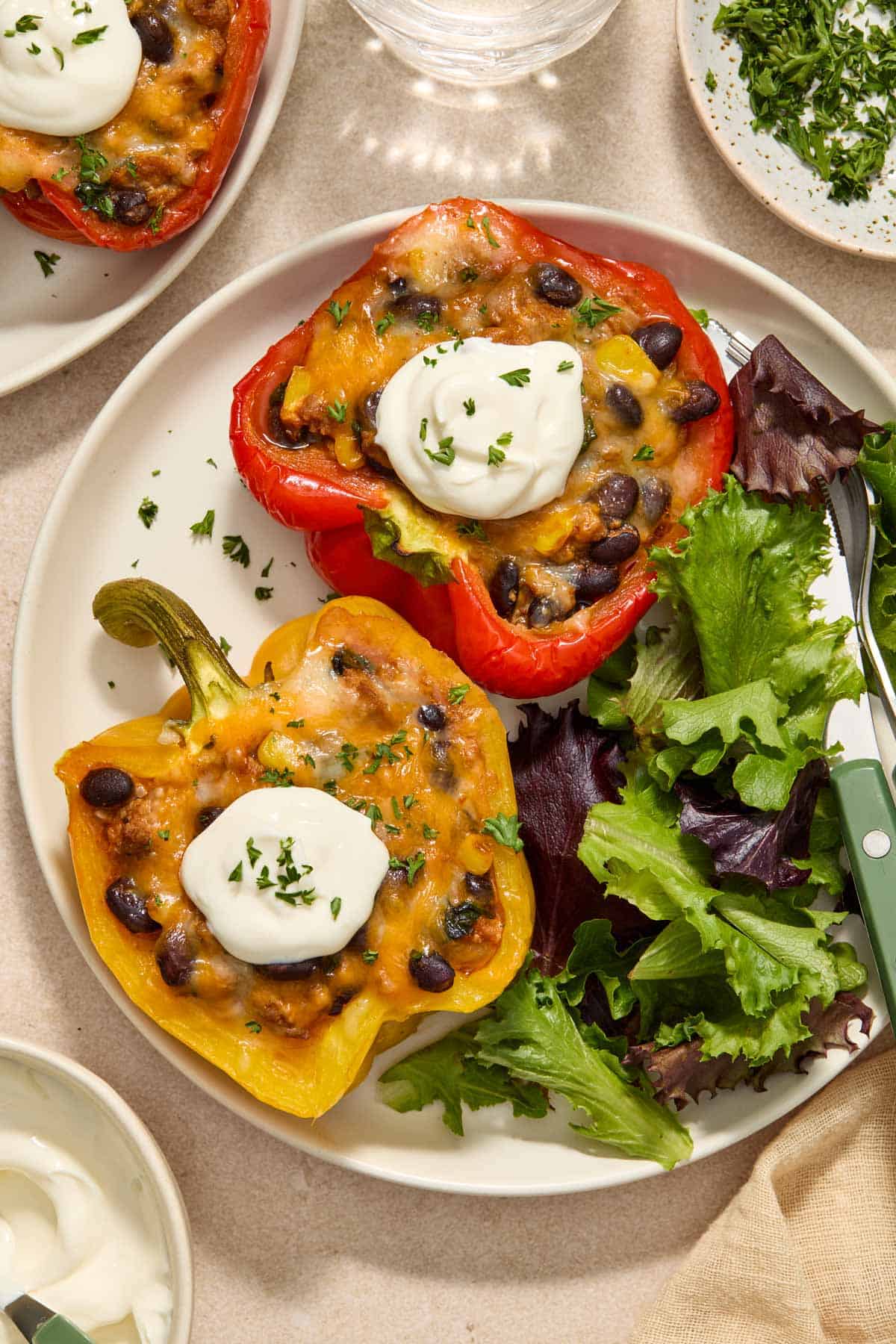 A plate with two taco stuffed peppers with extra veggies topped with sour cream on a plate along with some salad.