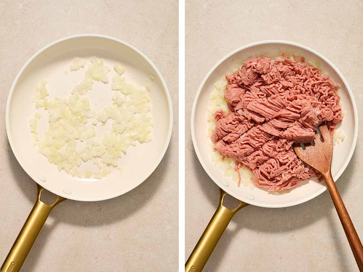 Set of two photos showing diced onions cooked in a skillet then ground turkey added.
