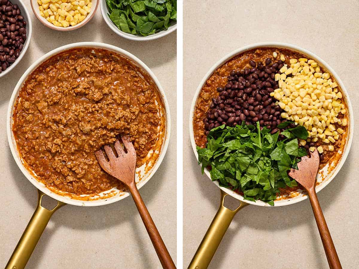 Set of two photos showing taco meat cooked in a skillet and black beans, corn, and chopped spinach added.