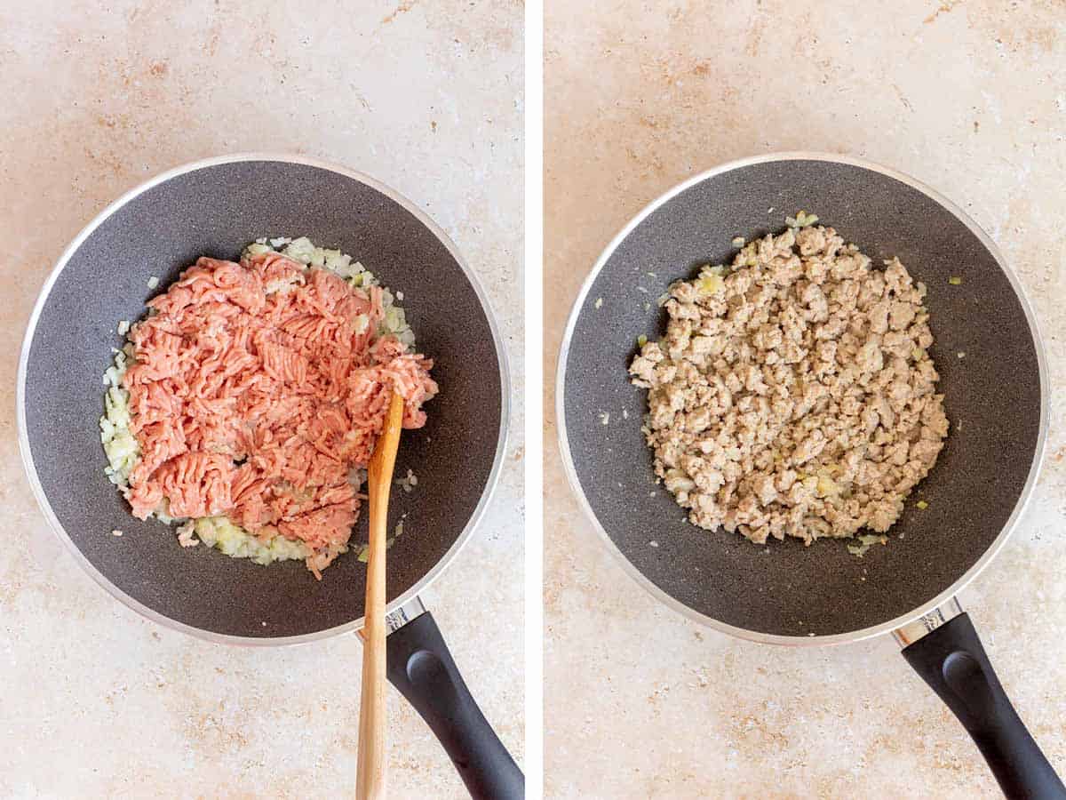 Set of two photos showing ground chicken added to the skillet and cooked.
