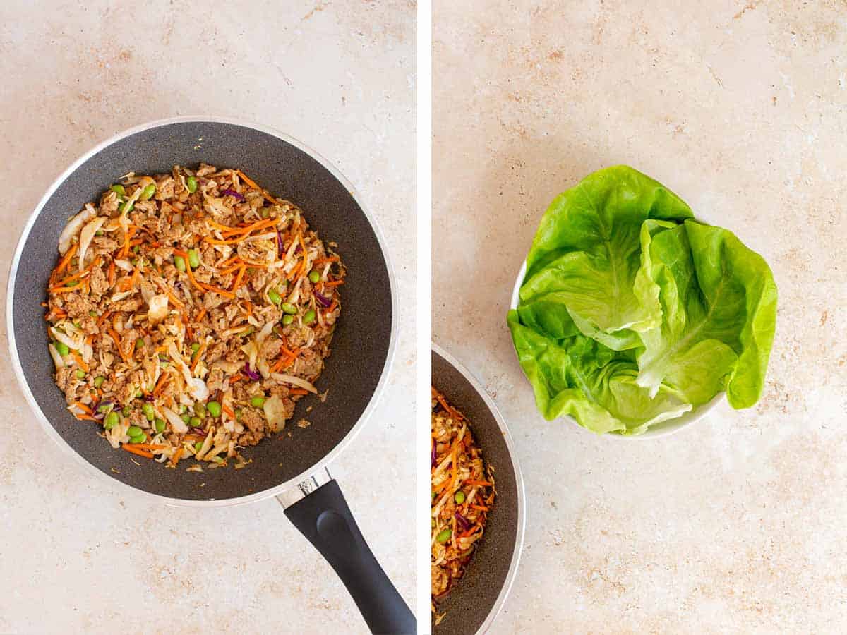 Set of two photos showing firecracker chicken cooked in a skillet and lettuce cups set up.