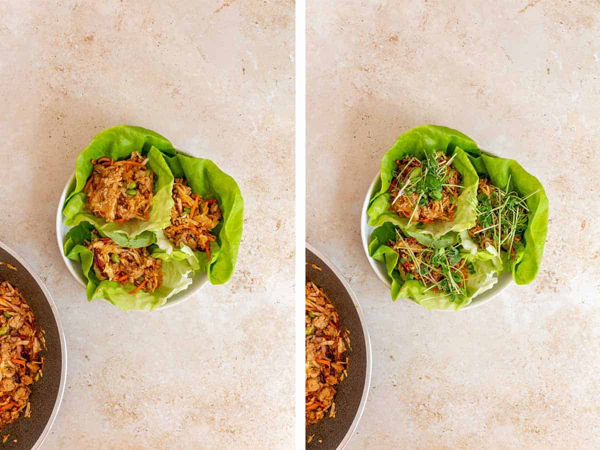 Set of two photos showing filling added to the lettuce cups and topped with microgreens.