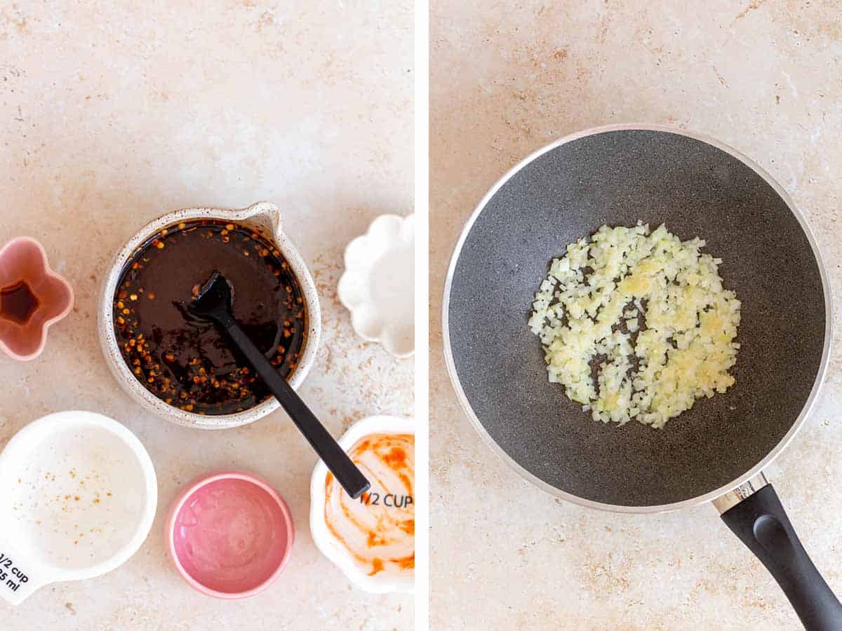 Set of two photos showing sauce mixed together in a bowl and onions cooked with garlic in a skillet.